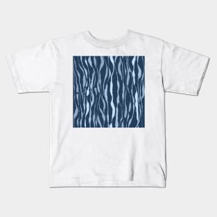 animal print - light blue striped tiger-zebra over navy blue background Kids T-Shirt